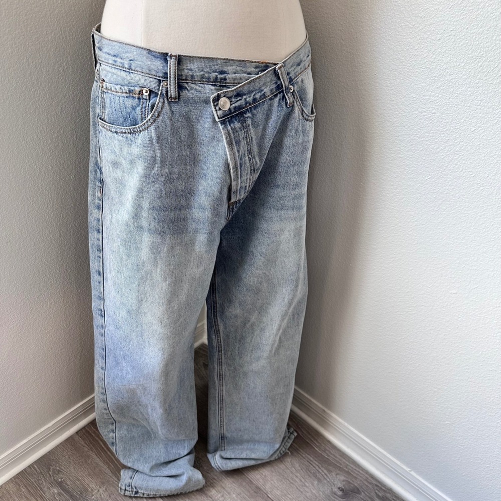 Asymmetric Criss Cross Edgy Streetwear Skater Baggy Jeans Womens 14 Blue - Picture 1 of 7